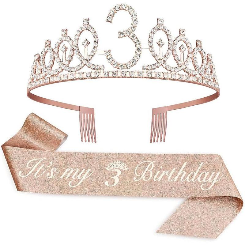 Birthday Crown Set, 2 Counts set Including Rhinestone Crown & Letter Print Sash Ribbon, Birthday Party Supplies, Party Accessories for Women