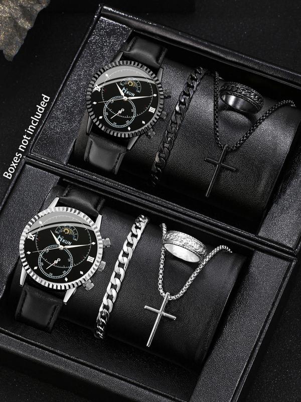 Men's Watch & Jewelry Set, Fashion Round Dial Analog Quartz Watch & Bracelet & Pendant Necklace & Ring, Ideal Birthday Gift for Boys