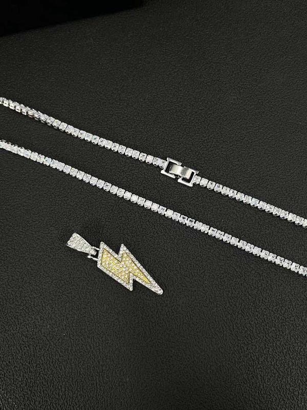 Rhinestone Decor Lightning Design Pendant Necklace for Men & Women, Zinc Alloy Jewelry for Party, Fashion All-match Hip Hop Accessory, for 2024 Fall