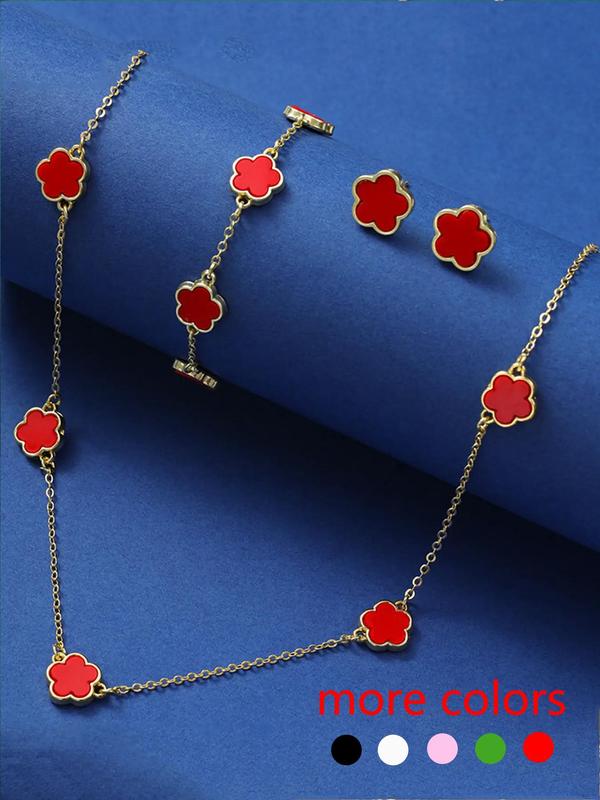 Elegant Flower Design Vintage Jewelry Set, Including Stud Earrings, Charm Necklace & Matching Bracelet, Fashion Summer 2024 Cool Female Accessories for Women & Girls for Back To School, Fall Outfits, Fall Freshness Fall