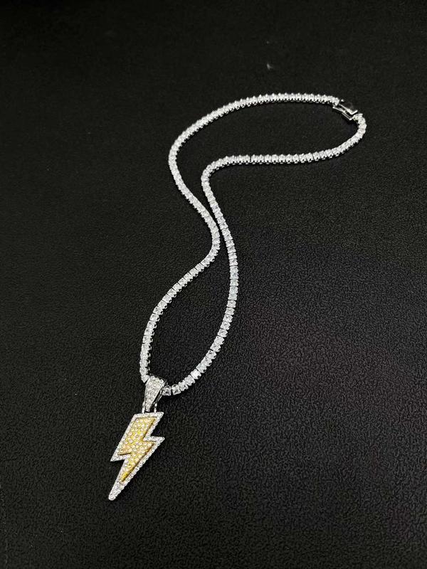 Rhinestone Decor Lightning Design Pendant Necklace for Men & Women, Zinc Alloy Jewelry for Party, Fashion All-match Hip Hop Accessory, for 2024 Fall