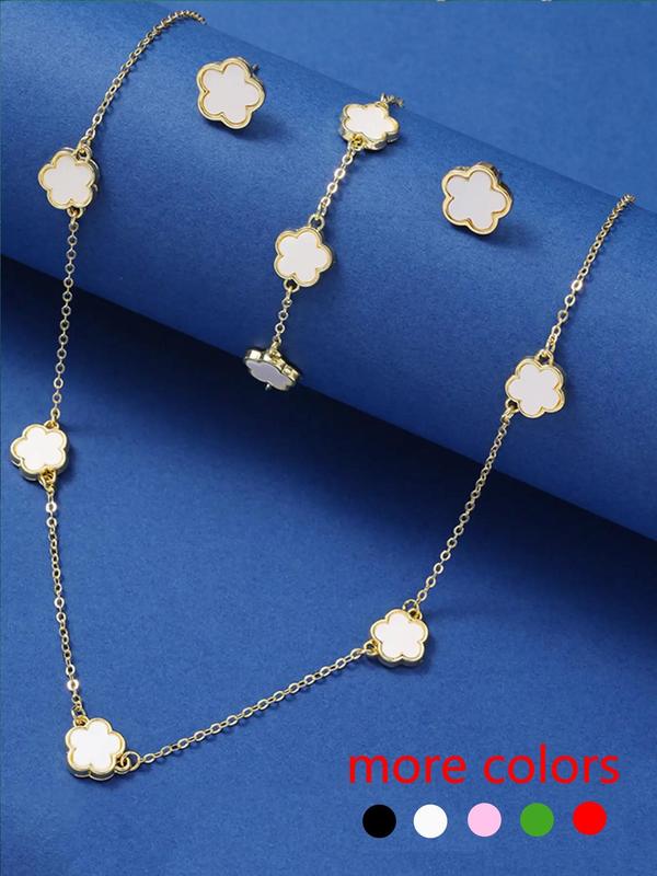 Elegant Flower Design Vintage Jewelry Set, Including Stud Earrings, Charm Necklace & Matching Bracelet, Fashion Summer 2024 Cool Female Accessories for Women & Girls for Back To School, Fall Outfits, Fall Freshness Fall