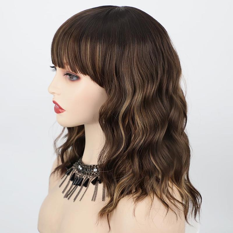 Curly Bob Wig With Bangs Short Wavy Brown With Highlight Color Wigs For Woman Synthetic Heat Resistant Bob Wigs  Natural Brown with Blonde Highlight Curly Brown