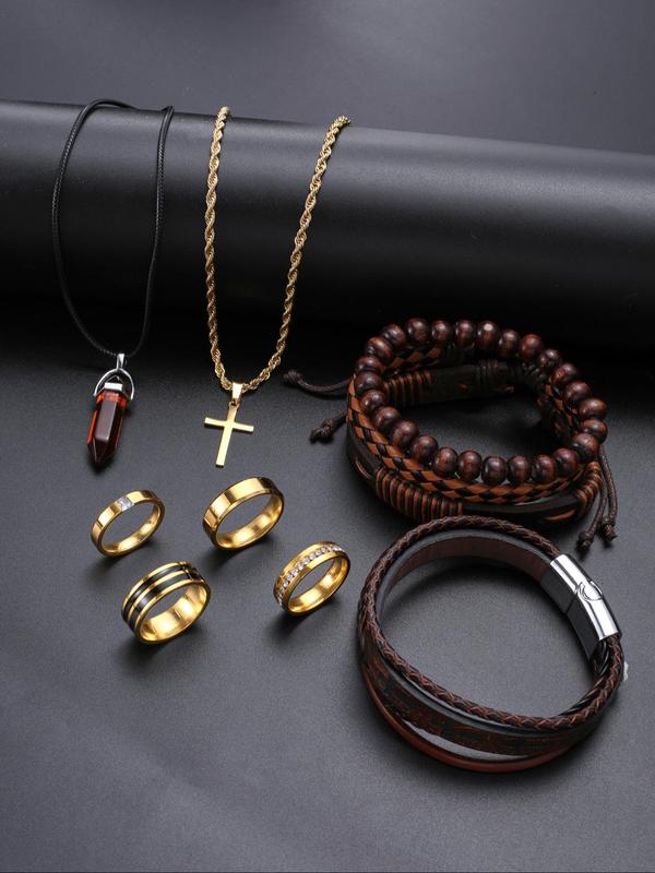 Vintage Fashionable Cross & Artificial Crystal Charm Pendant Necklaces & Beaded Bracelet & Rings & Drawstring Bracelet, Fashion Accessories for Women & Men