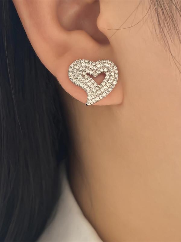 Hollow Out Heart Design Stud Earrings (1 Pair), Rhinestone Decor Stud Earrings, Fashionable Jewelry for Women & Girls