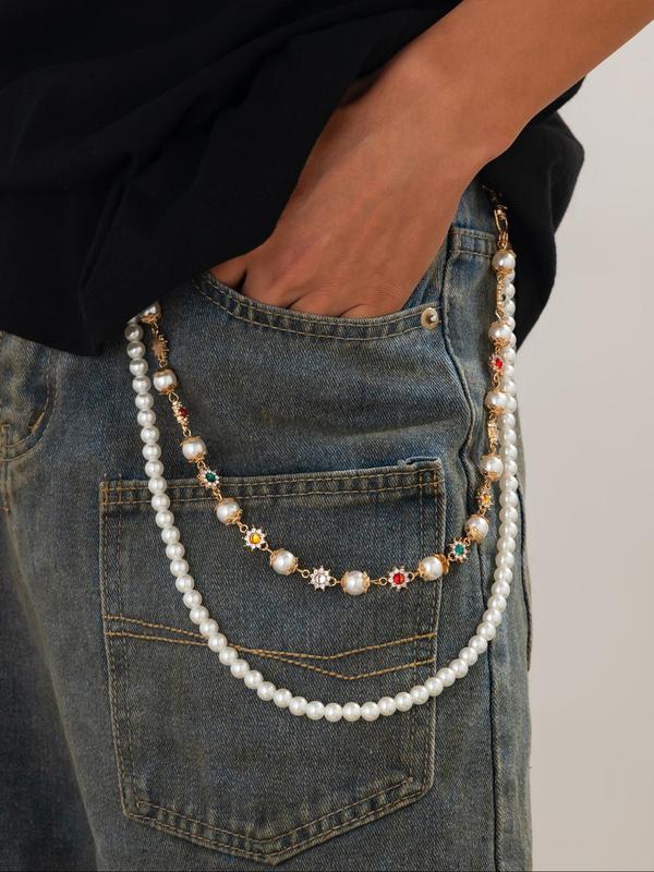 Faux Pearl & Rhinestone Decorated Waist Chain, Fashionable Flower Design Pants Chain for Men, Casual Trendy Accessories for Daily Wear