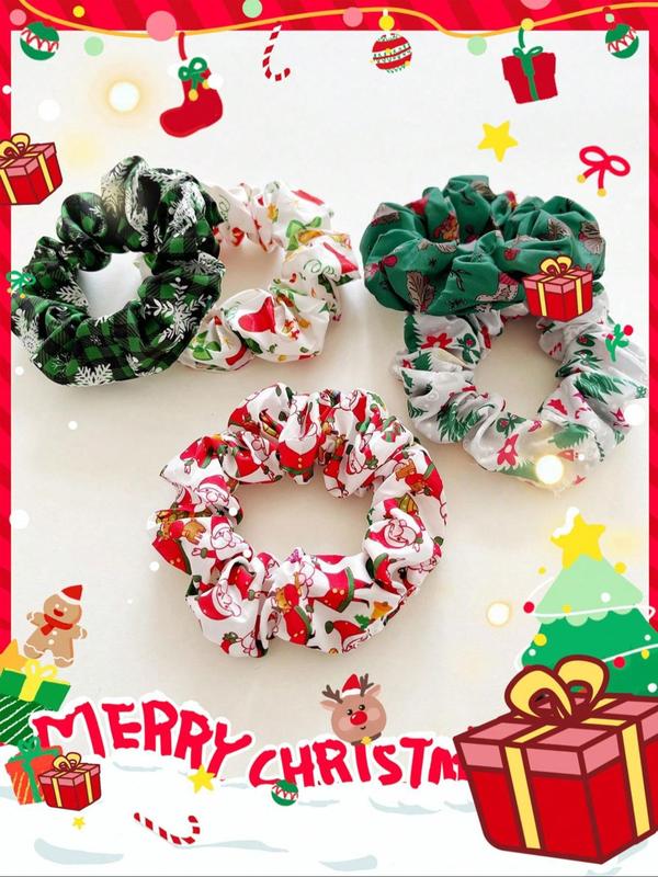 Women's Christmas Themed Ruched Hair Scrunchies, Cute Santa Claus & Tree & Reindeer & Socks & Snowflake Pattern Hair Ties, Fashion Versatile Elegant Charming Hair Accessories