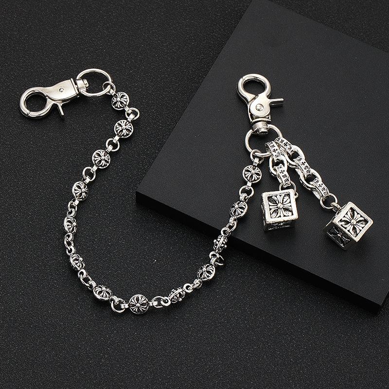 Personalized retro cross flower ball buckle bag chain for men and women Personalized retro fashion silver dice pendant bag hanging chain pants waist chain gift