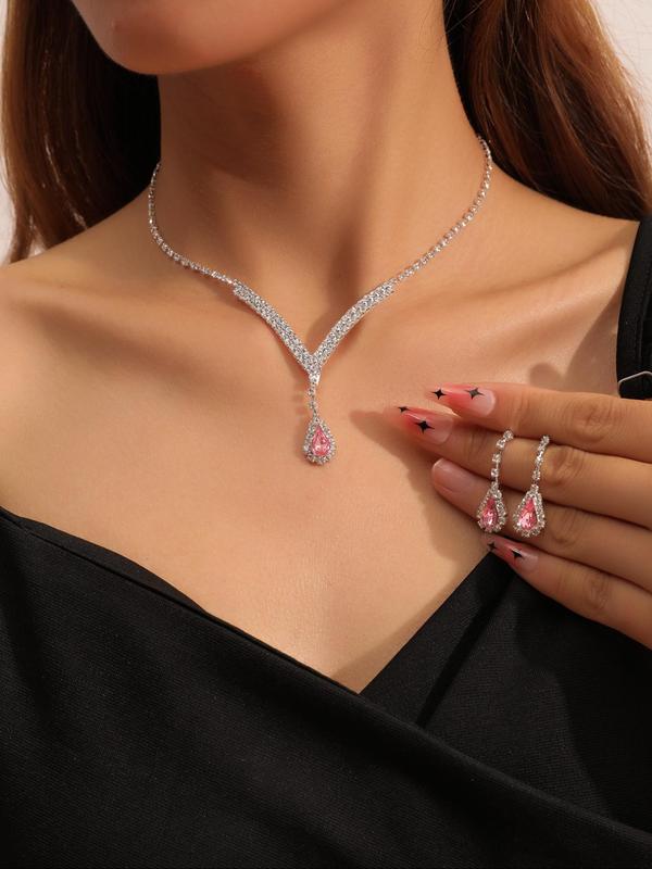 Women's Elegant Rhinestone Decorated Water Drop Shaped Necklace & Dangle Earrings,  Luxury Trendy Jewelry Set, Fashion Accessories for Party Decoration