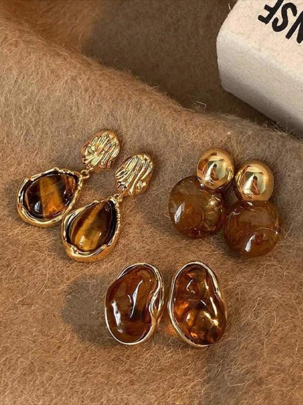 Vintage Tiger Eye Stone Decorated Earrings Set, Elegant Geometric Design Earrings for Women, Trendy All-match & Exquisite Jewelry for Birthday Gift