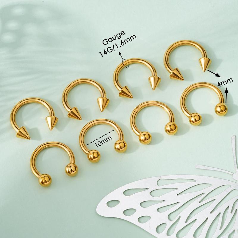 Oufer 14G 8PCS 8 10 12MM Ball and Spike Ends Septum Ring Circular Barbell