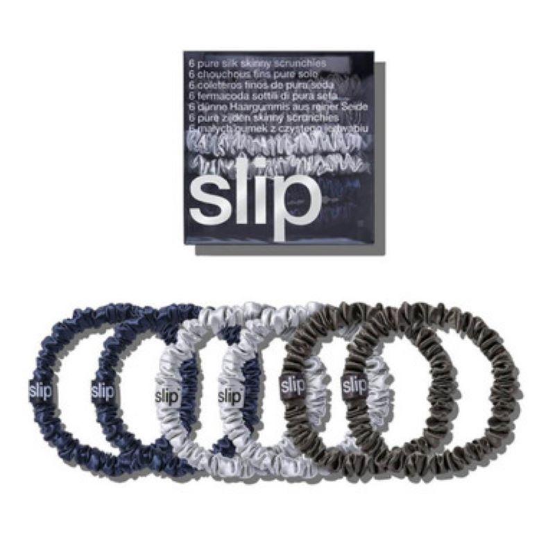 Slip - Pure Silk Skinny Scrunchies in Navy, Silver & Charcoal (6 Pack)