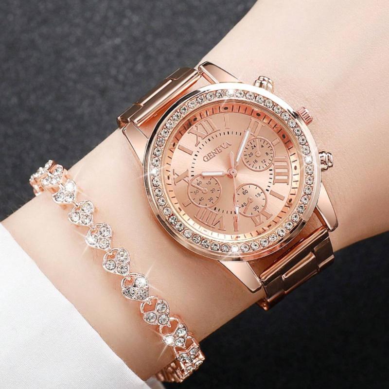 Women's Zinc Alloy Strap Rhinestone Decor Round Dial Quartz Watch with Bracelet