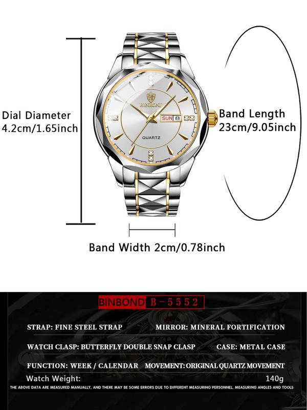 Men's Business Fashion Round Dial Analog Quartz Watch, Fashion Wear Resistant Rhinestone Decor  Watch for Party, Daily Decor, Trendy Watch for Birthday Gift with Box