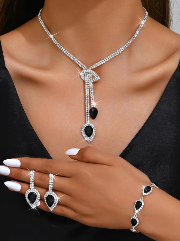 Women's Elegant Rhinestone Decor Jewelry Set, Exquisite Trendy Water Drop Shaped Pendant Necklace & Dangle Earrings & Bracelet, Chic Jewelry Set for Party Decoration