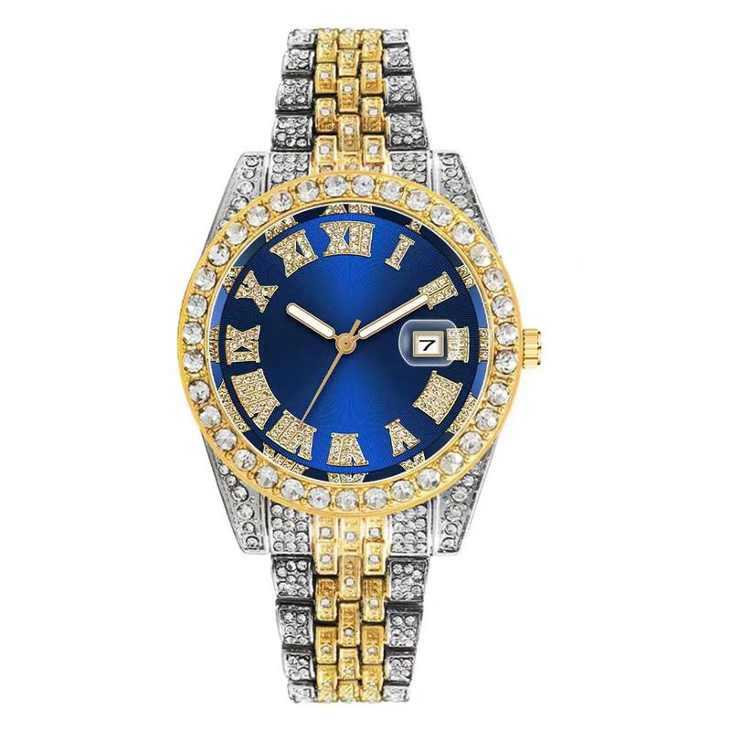 Men's Icy Elegance Watch with Rhinestones and Date Display for Parties and Daily Wear