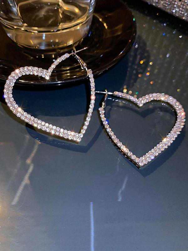 1 Pair Women's Elegant Rhinestone Decorated Heart Shaped Hoop Earrings, Casual Trendy Hoop Earrings, Fashionable Jewelry for Party & Daily Decoration