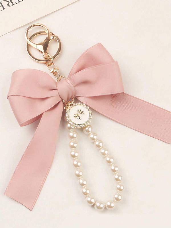 Cute Faux Pearl Decorated Wristlet Keychain, 2024 Summer & Fall Trendy Bowknot & Rhinestone Decor Keychain, Phone Wallet Key Accessories for Women & Girls Car Accessories For Girls