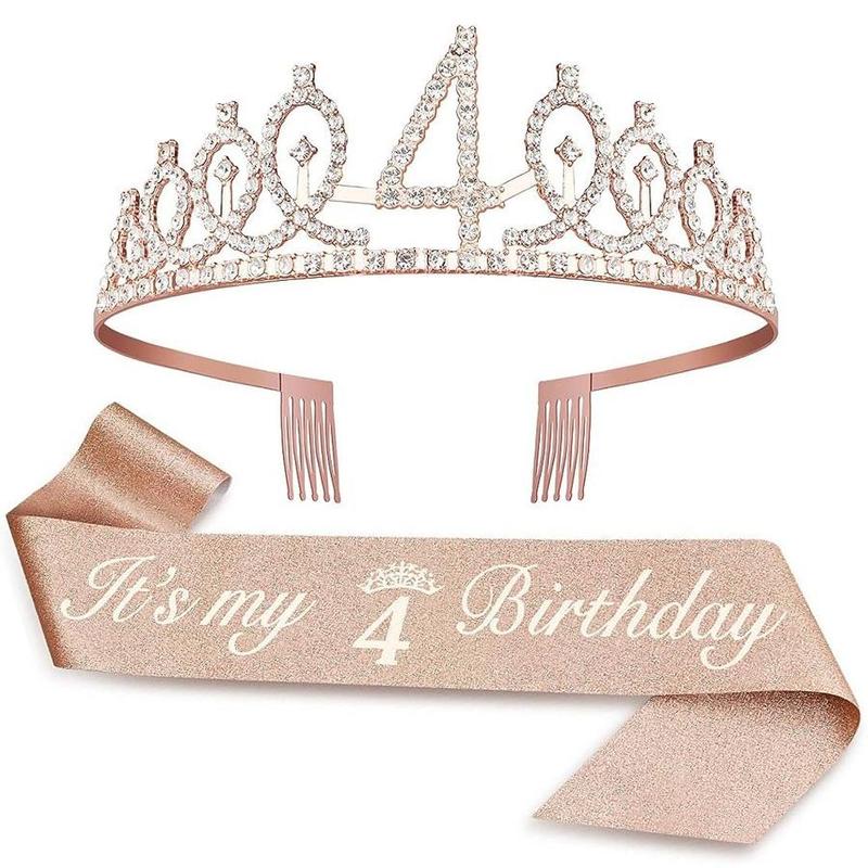 Birthday Crown Set, 2 Counts set Including Rhinestone Crown & Letter Print Sash Ribbon, Birthday Party Supplies, Party Accessories for Women