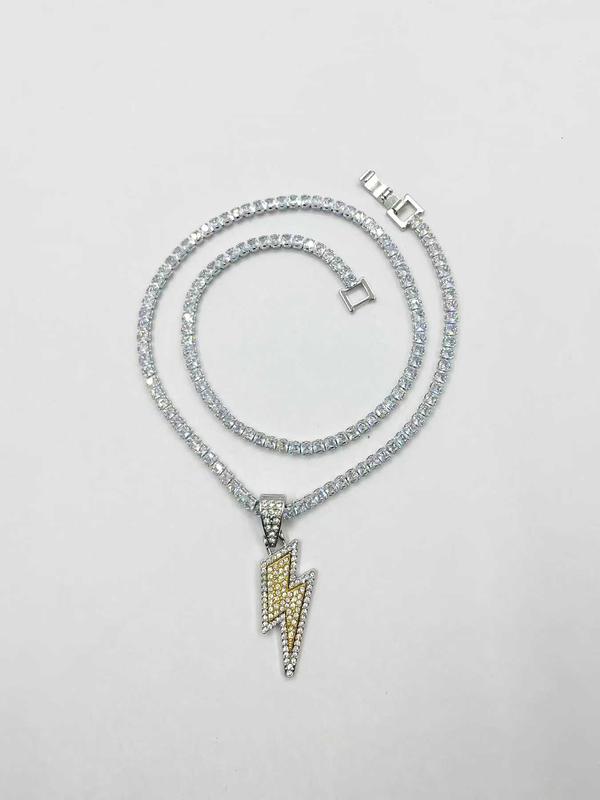 Rhinestone Decor Lightning Design Pendant Necklace for Men & Women, Zinc Alloy Jewelry for Party, Fashion All-match Hip Hop Accessory, for 2024 Fall