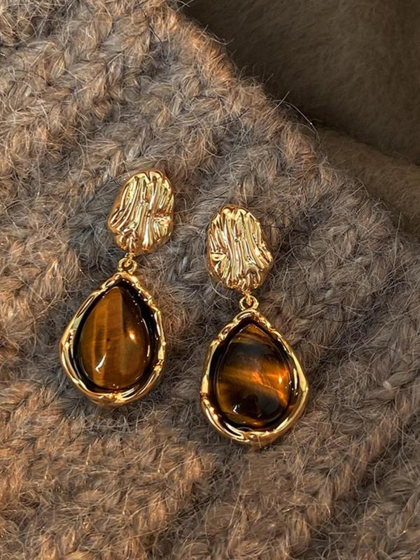 Vintage Tiger Eye Stone Decorated Earrings Set, Elegant Geometric Design Earrings for Women, Trendy All-match & Exquisite Jewelry for Birthday Gift