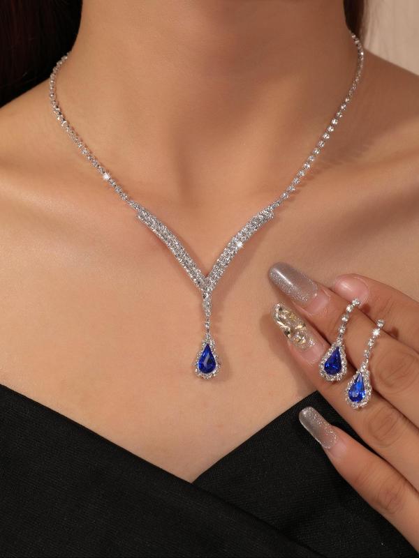 Women's Elegant Rhinestone Decorated Water Drop Shaped Necklace & Dangle Earrings,  Luxury Trendy Jewelry Set, Fashion Accessories for Party Decoration