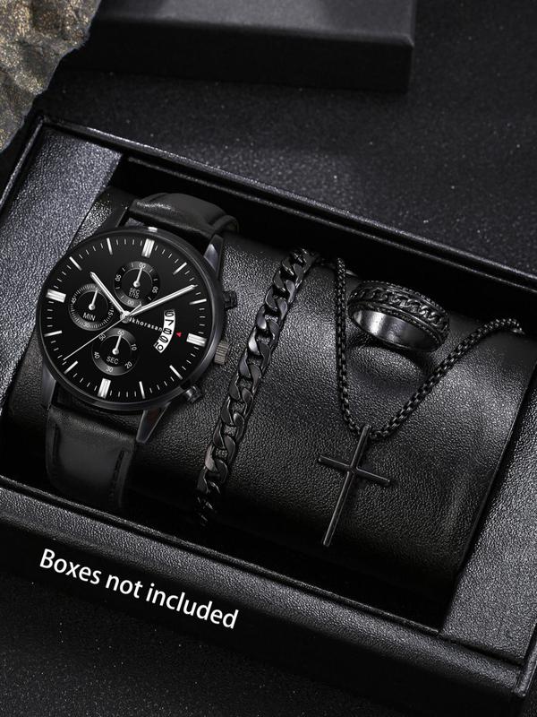 Men's Watch & Jewelry Set, Fashion Round Dial Watch & Bracelet & Pendant Necklace & Ring, Trendy All-match & Exquisite Jewelry Set for Birthday Gift