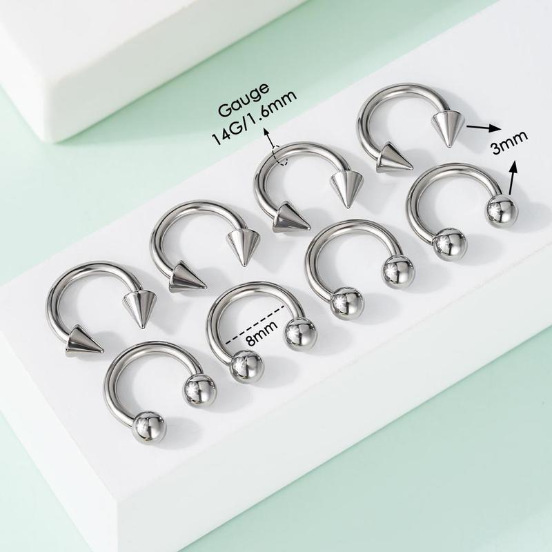 Oufer 14G 8PCS 8 10 12MM Ball and Spike Ends Septum Ring Circular Barbell