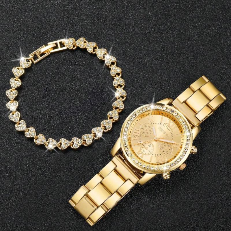 Women's Zinc Alloy Strap Rhinestone Decor Round Dial Quartz Watch with Bracelet