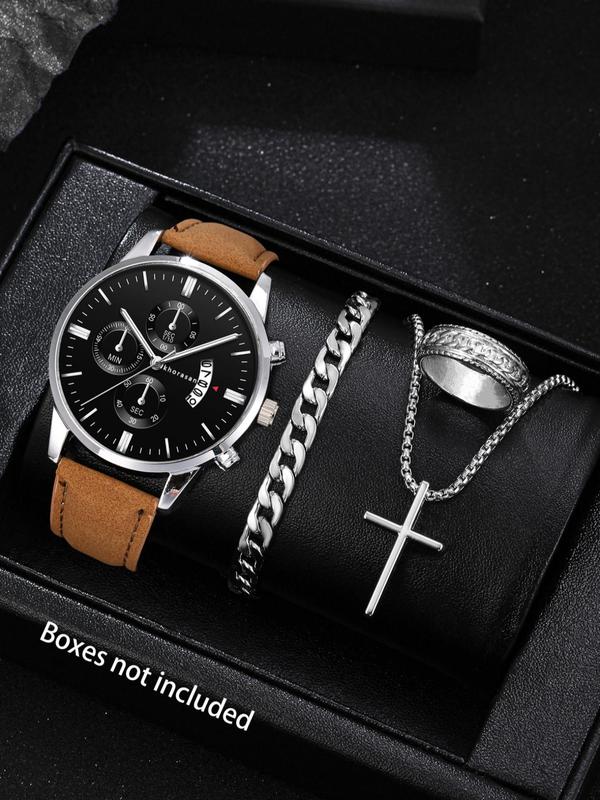 Men's Watch & Jewelry Set, Fashion Round Dial Watch & Bracelet & Pendant Necklace & Ring, Trendy All-match & Exquisite Jewelry Set for Birthday Gift