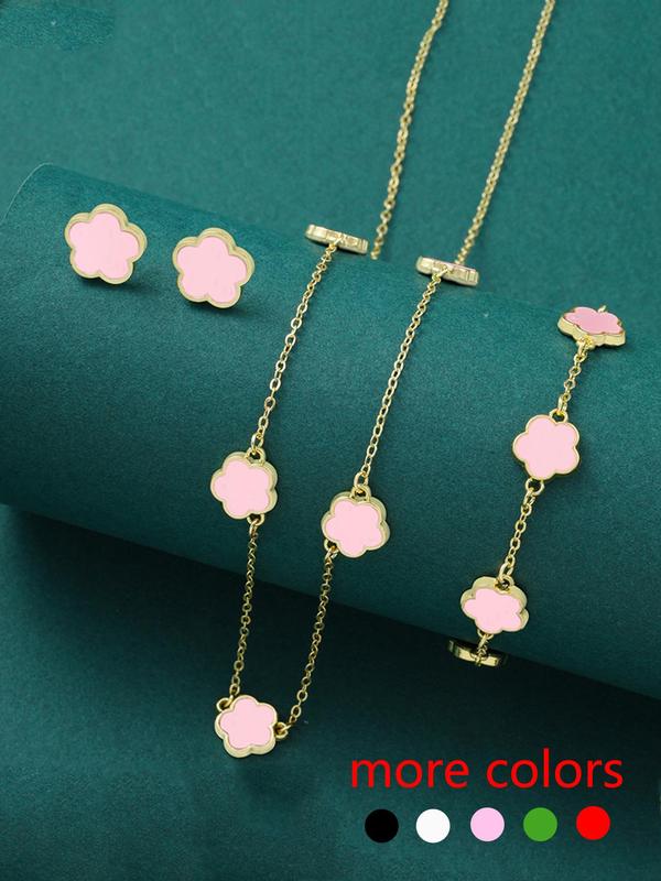 Elegant Flower Design Vintage Jewelry Set, Including Stud Earrings, Charm Necklace & Matching Bracelet, Fashion Summer 2024 Cool Female Accessories for Women & Girls for Back To School, Fall Outfits, Fall Freshness Fall