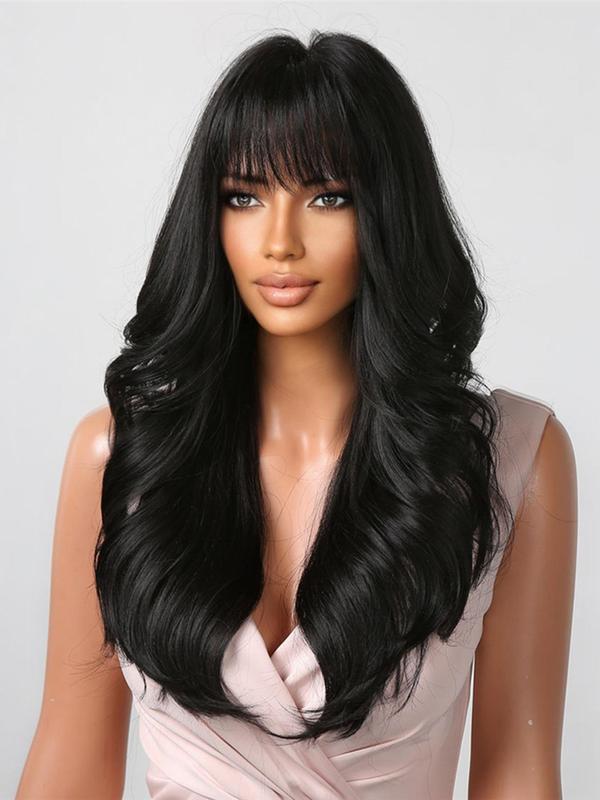 24 Inch Black Long Curly Wigs for Women, Natural Looking Wigs with Bangs, Synthetic Full Machine Wigs for Party, Daily Use, Elegant All-match Fashion Accessories,  Wigs for Women