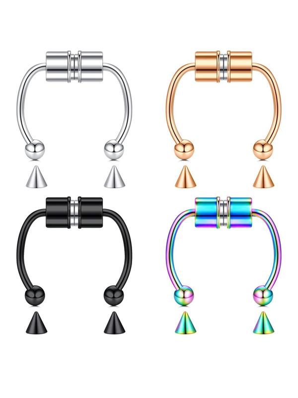 4 Pairs Triangle Design Magnetic Nose Rings, Punk Stainless Steel Accessories For Party Holiday Vacation