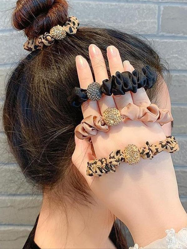 Rhinestone Decorated Leopard Print Hair Tie, Casual Versatile Hair Accessories for Women, Fashion Minimalist Headwear Suitable for Thick Hair