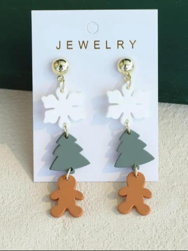 Cute Christmas Themed Dangle Earrings, Acrylic Gingerbread Man & Snowflake & Tree Design Earrings, Fashion Jewelry Accessories for Women & Girls