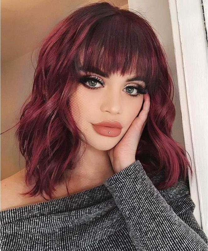 Curly Bob Wig With Bangs Short Wavy Brown With Highlight Color Wigs For Woman Synthetic Heat Resistant Bob Wigs  Natural Brown with Blonde Highlight Curly Brown