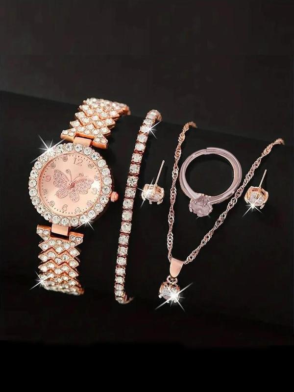 Women's Elegant Fashion Watch & Rhinestone Decorated Ring & Necklace & Earrings & Bracelet, Exquisite Watch Set for Women As Gift without Box