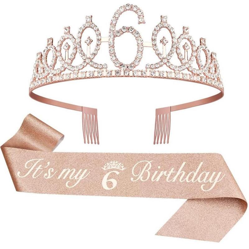 Birthday Crown Set, 2 Counts set Including Rhinestone Crown & Letter Print Sash Ribbon, Birthday Party Supplies, Party Accessories for Women