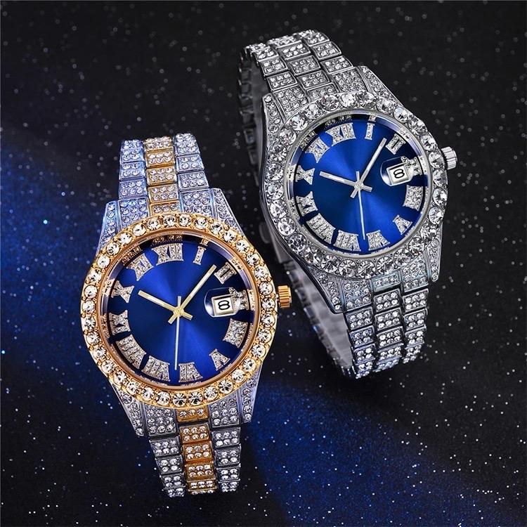 Men's Icy Elegance Watch with Rhinestones and Date Display for Parties and Daily Wear