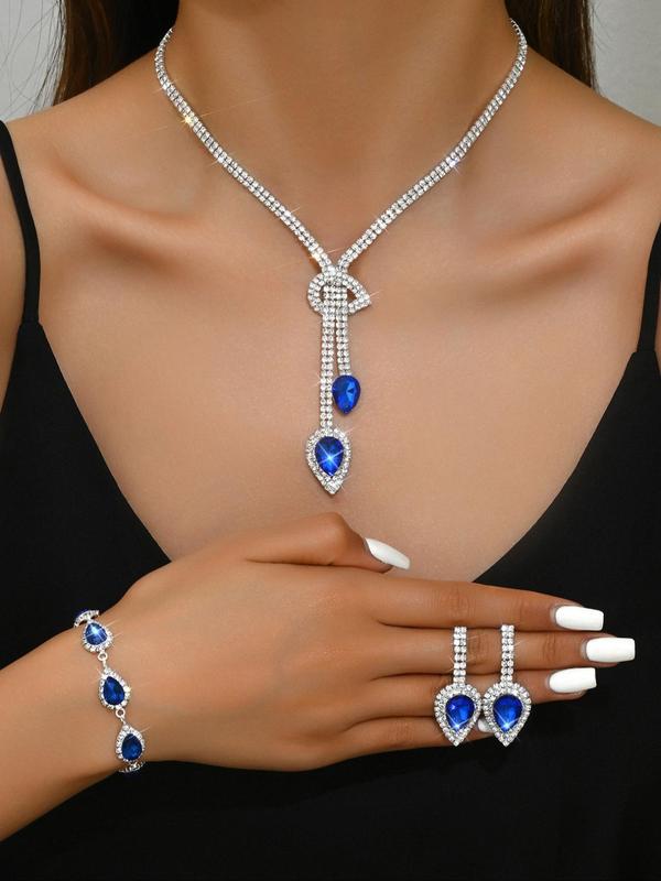 Women's Elegant Rhinestone Decor Jewelry Set, Exquisite Trendy Water Drop Shaped Pendant Necklace & Dangle Earrings & Bracelet, Chic Jewelry Set for Party Decoration