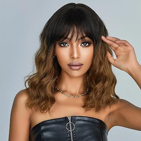 Curly Bob Wig With Bangs Short Wavy Brown With Highlight Color Wigs For Woman Synthetic Heat Resistant Bob Wigs  Natural Brown with Blonde Highlight Curly Brown