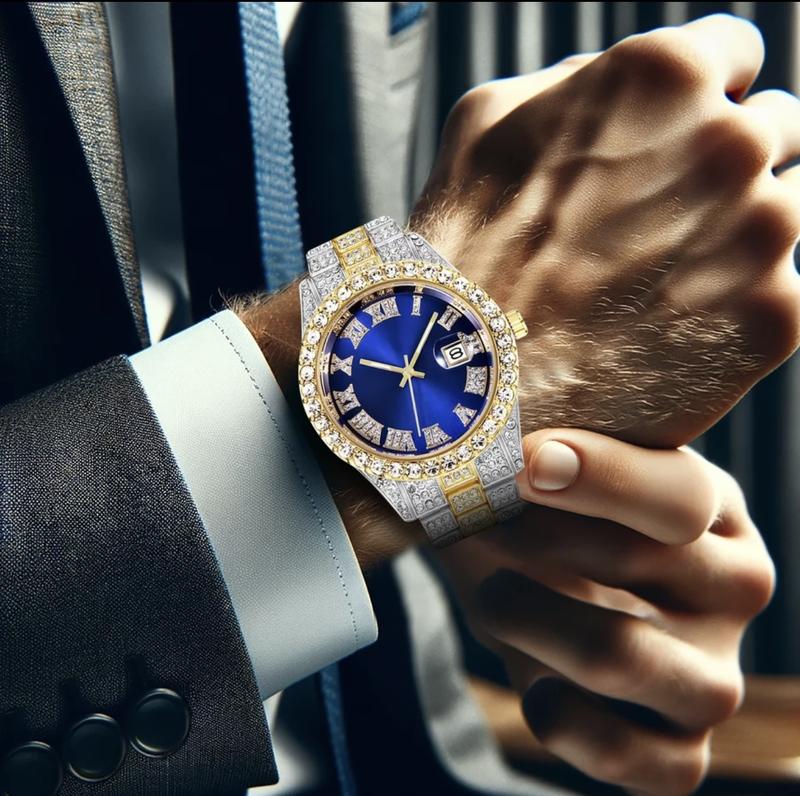 Men's Icy Elegance Watch with Rhinestones and Date Display for Parties and Daily Wear