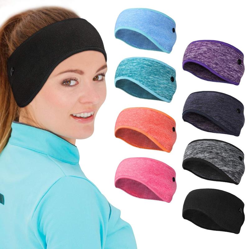 8- Fleece Headband Ear Warmers with Buttons - Stretchy Winter Running Sweatbands for Women and Men -  Colors