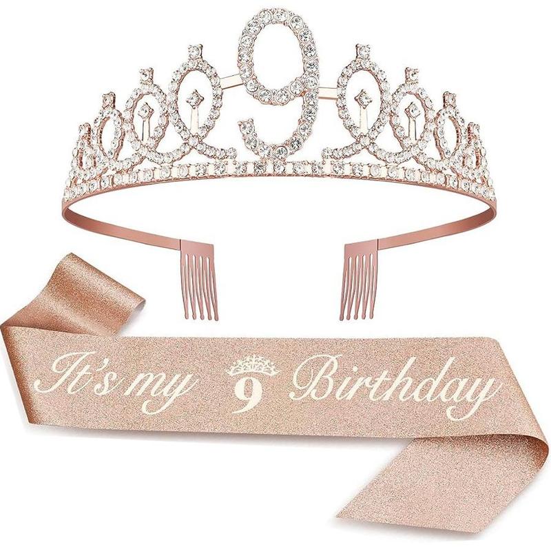 Birthday Crown Set, 2 Counts set Including Rhinestone Crown & Letter Print Sash Ribbon, Birthday Party Supplies, Party Accessories for Women