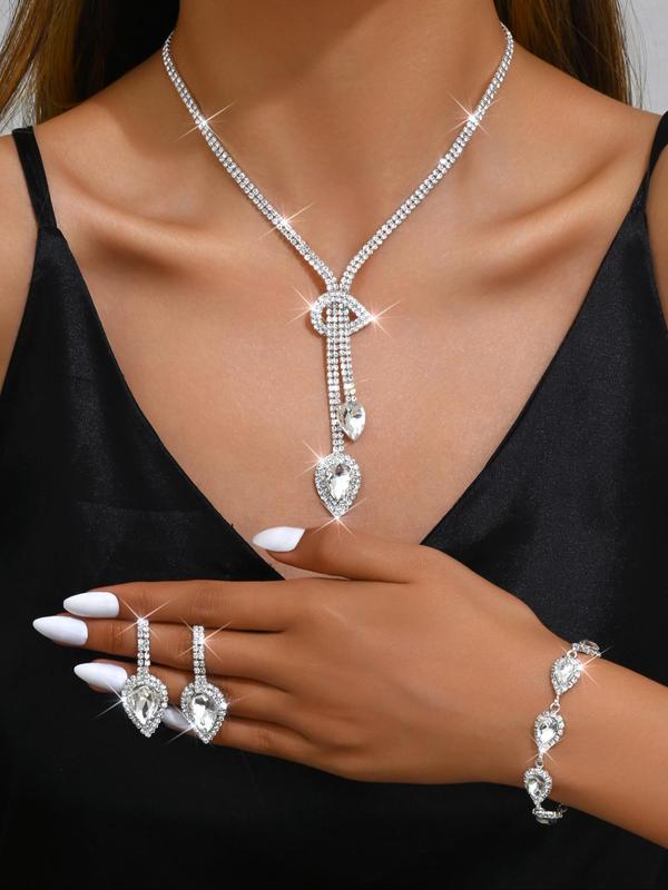 Women's Elegant Rhinestone Decor Jewelry Set, Exquisite Trendy Water Drop Shaped Pendant Necklace & Dangle Earrings & Bracelet, Chic Jewelry Set for Party Decoration