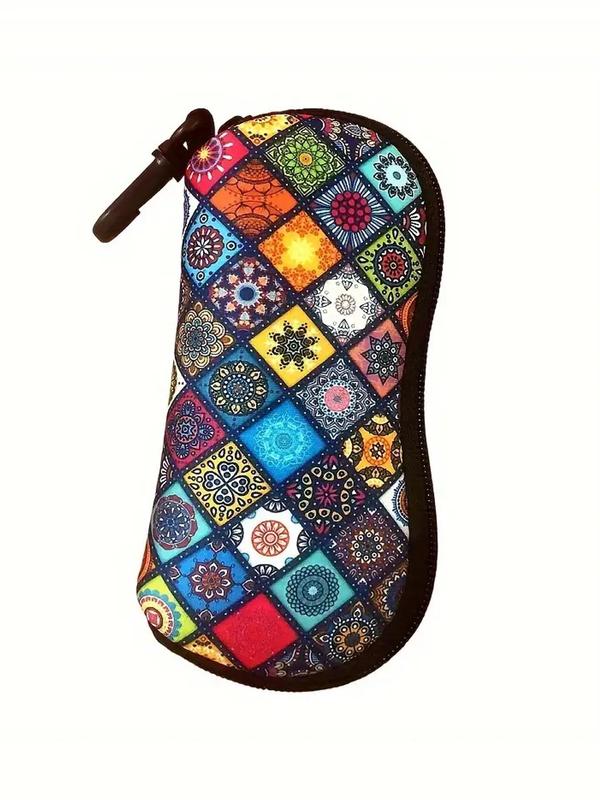 Rhombic Mandala Pattern Print Sunglasses Case for Gift, Portable Zipper Glasses Case, Ultra Light Eyeglass Safety Pouch Box with Belt Clip