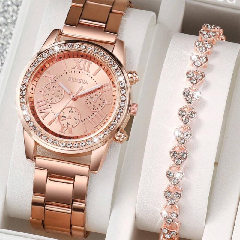 Women's Zinc Alloy Strap Rhinestone Decor Round Dial Quartz Watch with Bracelet