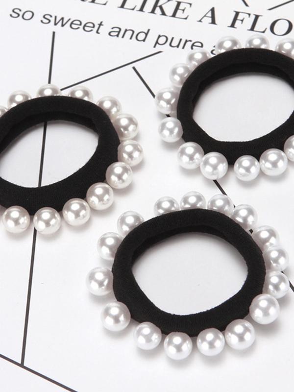 3pcs Faux Pearl Decorated Elastic Hair Ties, Simple Casual High Stretch Ponytail Scrunchies, Hair Accessories for Women & Girls, Minimalist Headwear Suitable for Thick Hair