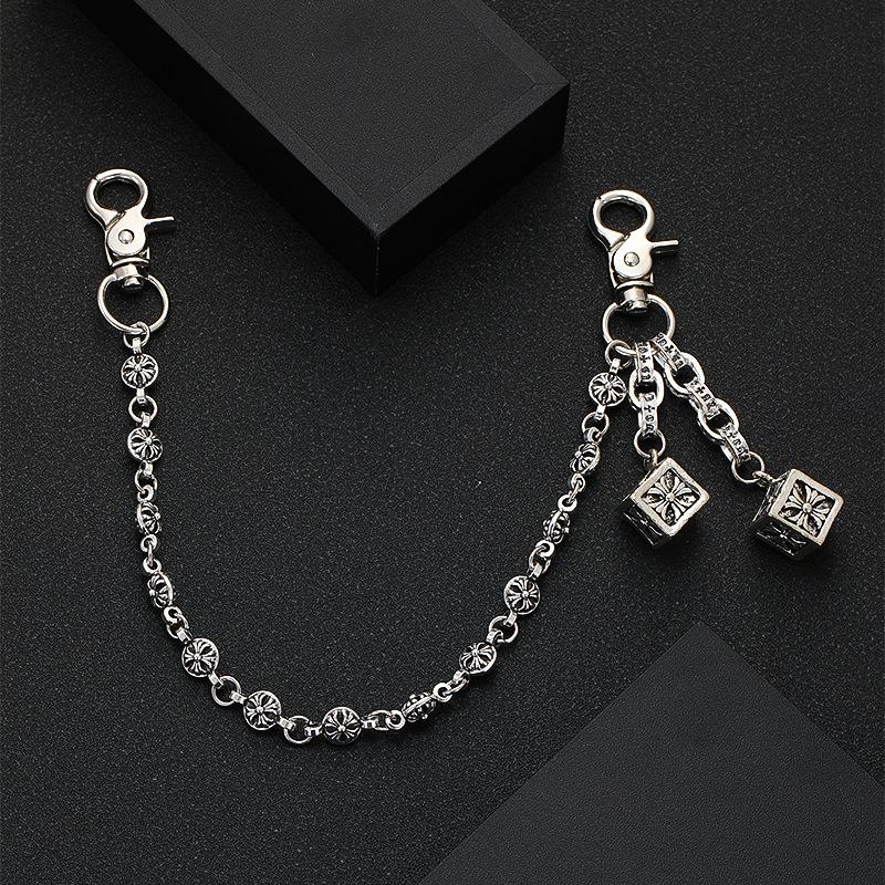 Personalized retro cross flower ball buckle bag chain for men and women Personalized retro fashion silver dice pendant bag hanging chain pants waist chain gift