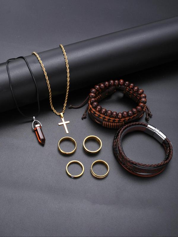 Vintage Fashionable Cross & Artificial Crystal Charm Pendant Necklaces & Beaded Bracelet & Rings & Drawstring Bracelet, Fashion Accessories for Women & Men